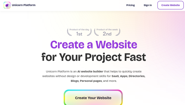 Unicorn Platform logo and screenshot