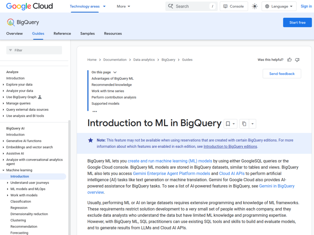 BigQuery ML screenshot