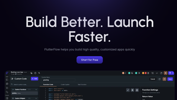 FlutterFlow logo and screenshot