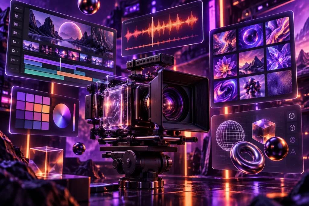 Glass cinema camera surrounded by glowing panels: a video timeline, audio waveform, image grid, colour palette and 3D shapes