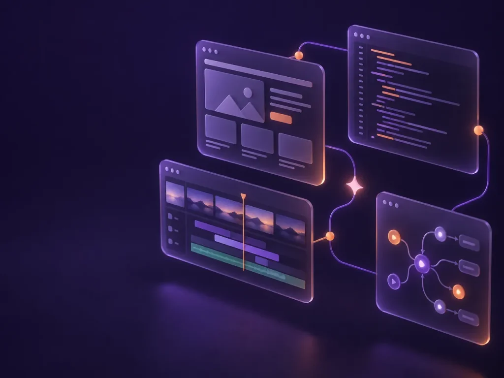 Floating interface panels showing a website layout, code, a video timeline and an AI workflow graph